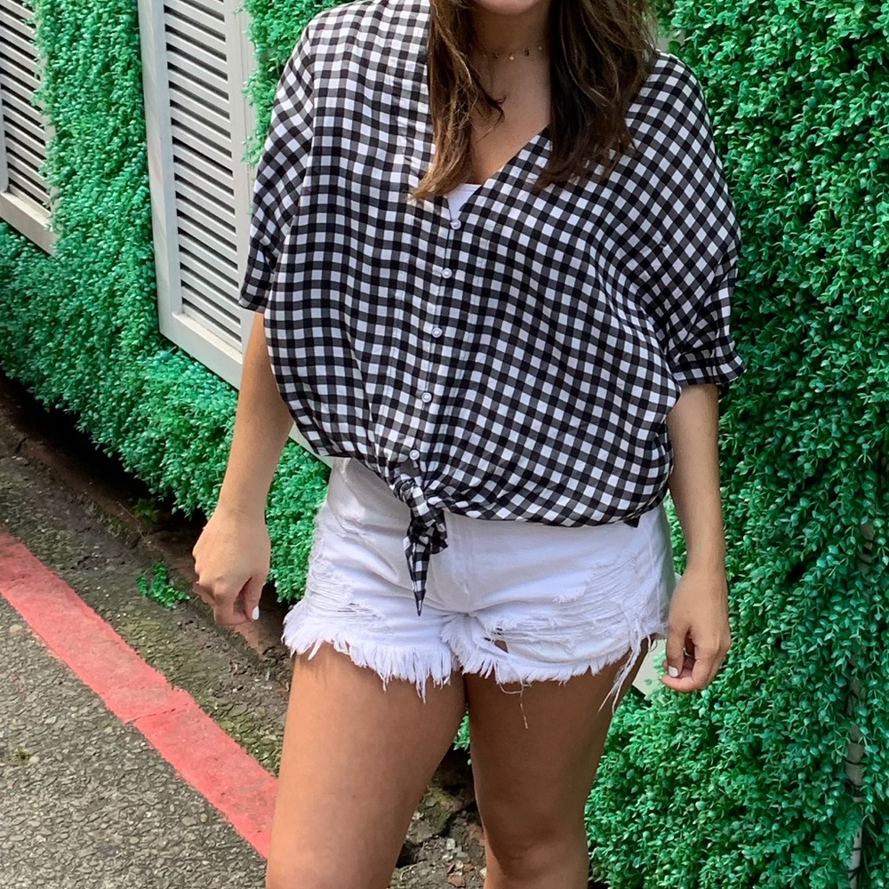 Express Gingham Button Down w/ Tie Front